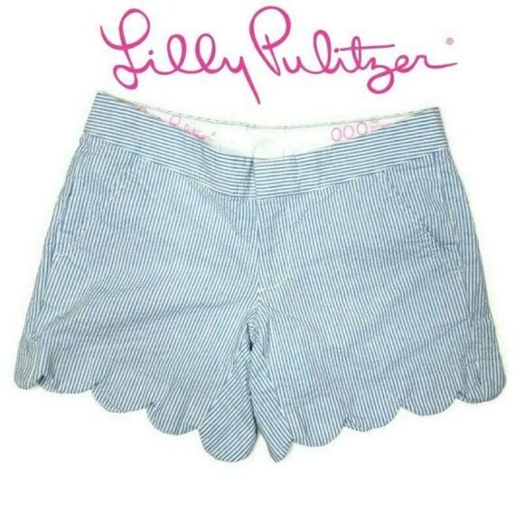 Lilly Pulitzer Buttercup Scallop Hem Striped Shorts Size 000 Blue & White Cotton - Picture 2 of 8